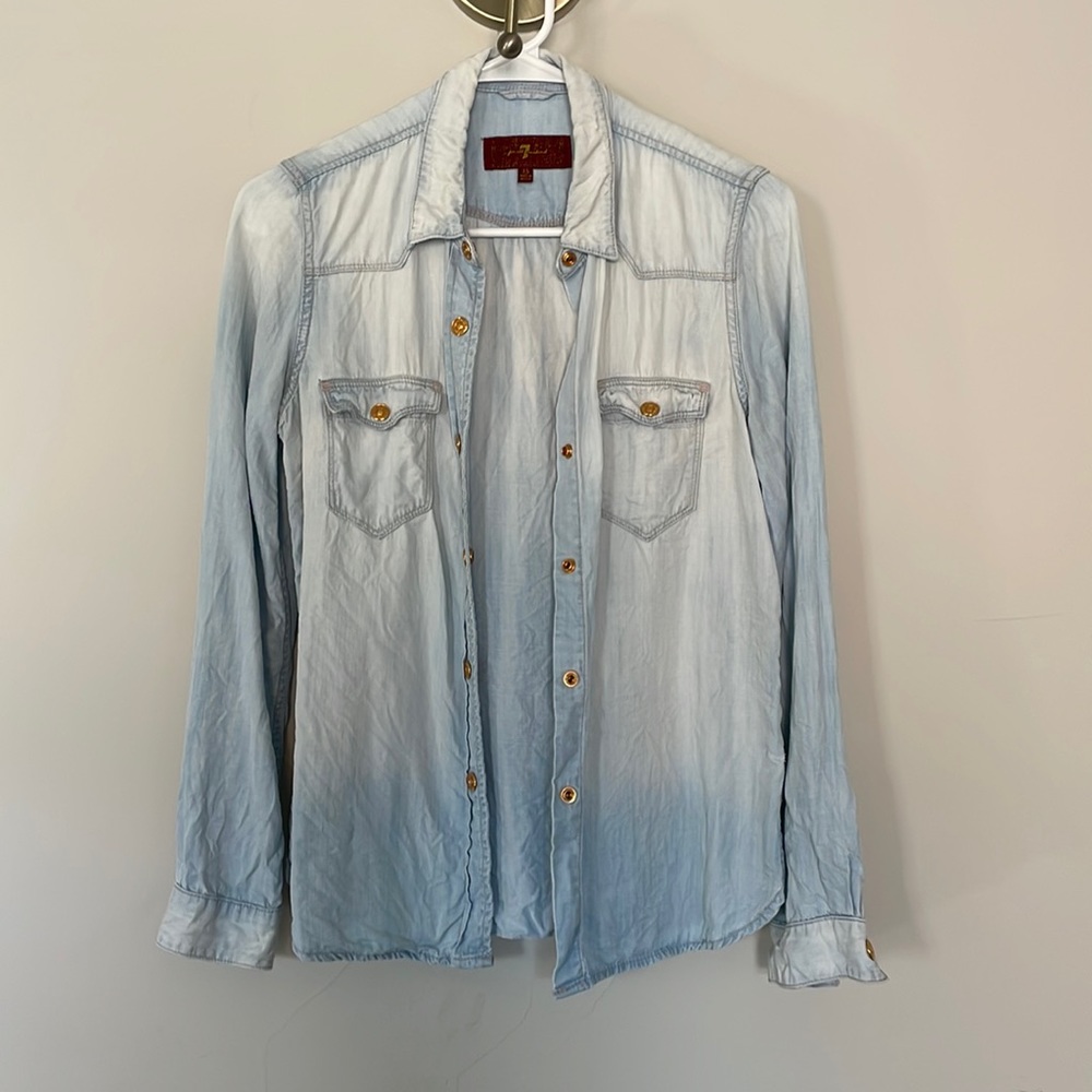 7 for all mankind xs faded light blue button denim shirt with gold butto…
